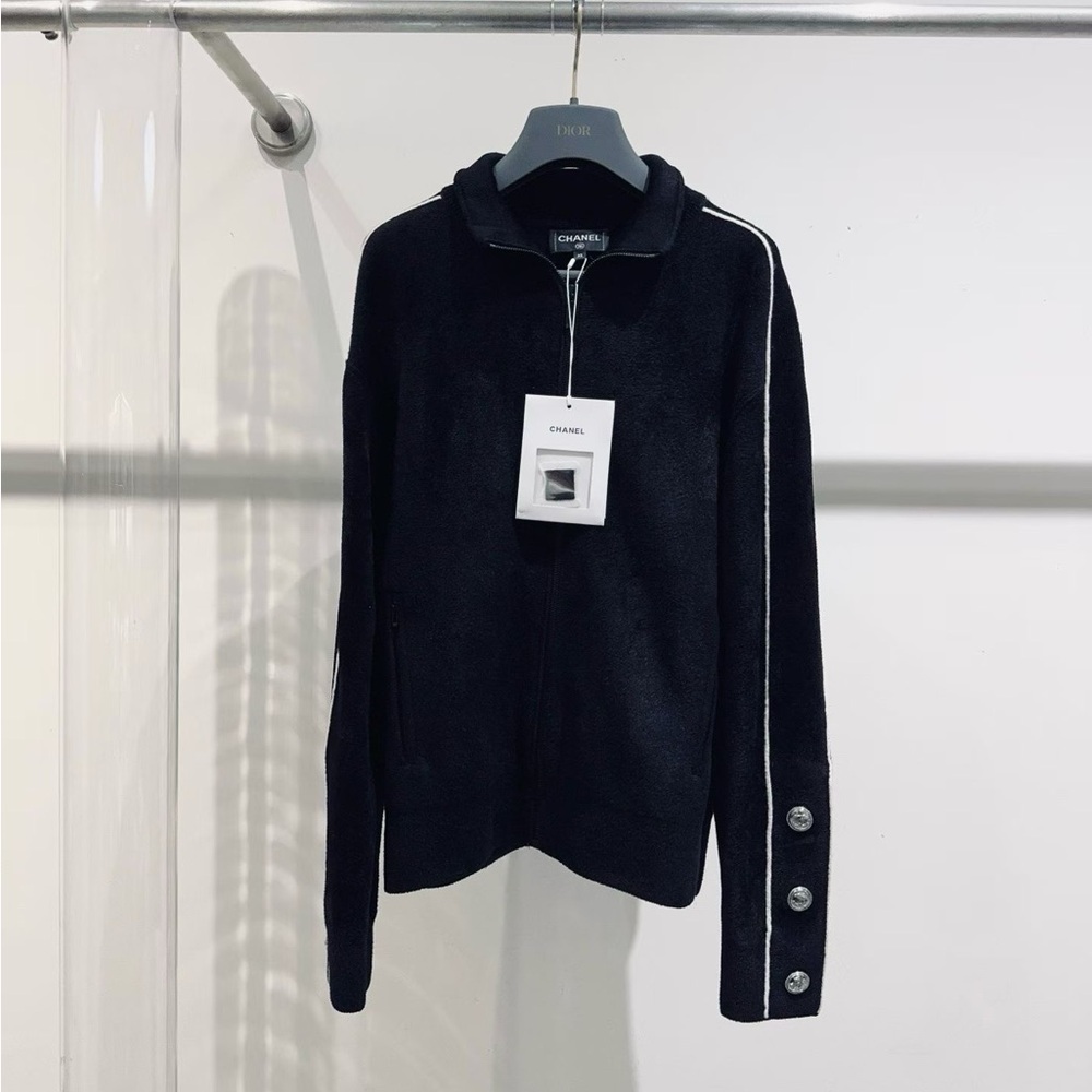Authentic CHANEL Black Zip-Up Sweater with Button Accents